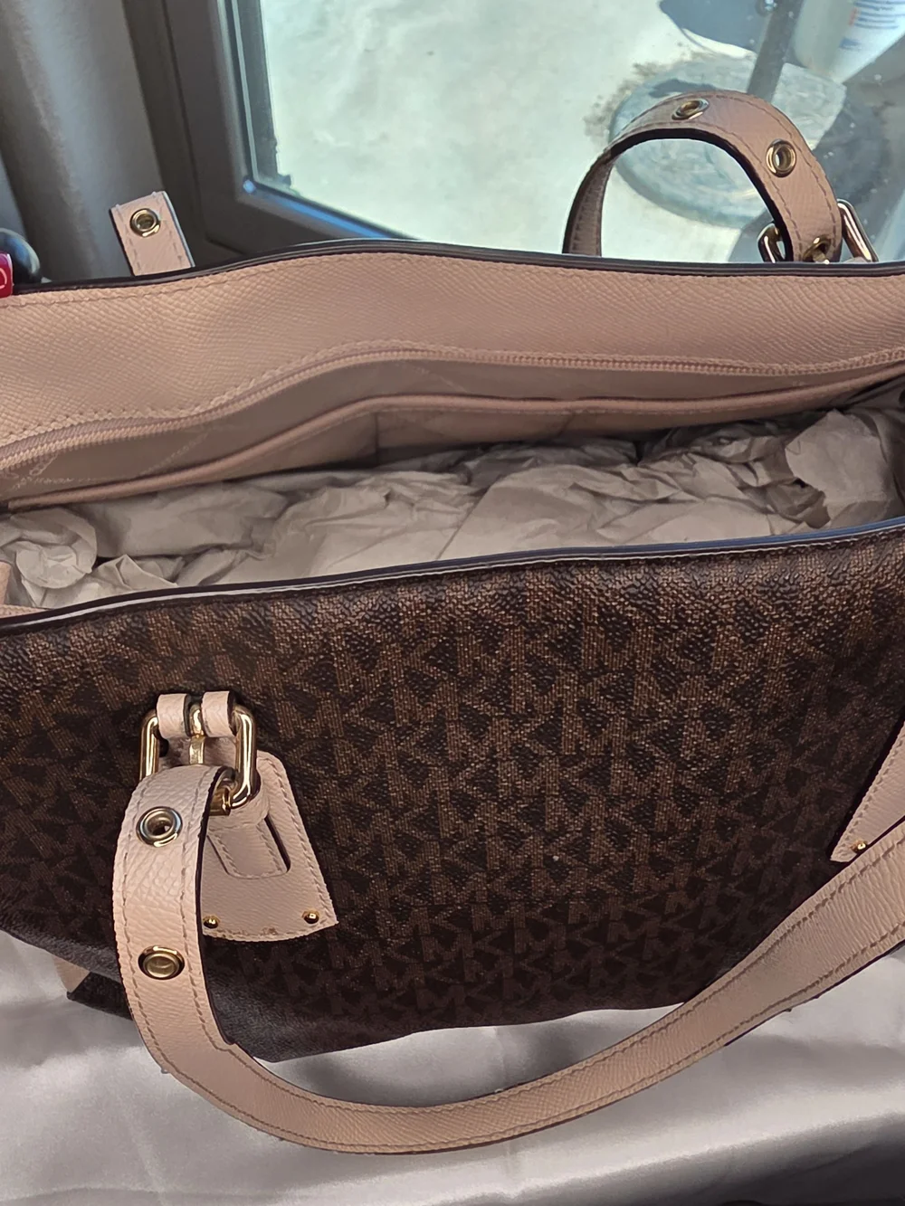 Michael Kors Brown Signature Logo Tote with Blush Leather Trim & Buckle Straps - Picture 5 of 11